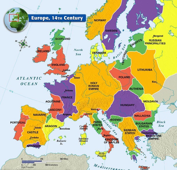 Карта Европы, XIV век. Турция еще не оккупировала Балканы. Еще нет Российской империи и единой Испании. Зато есть большие Гаскония, Арагон и Неаполь. Ну и Шведы еще мучаются имперскими
